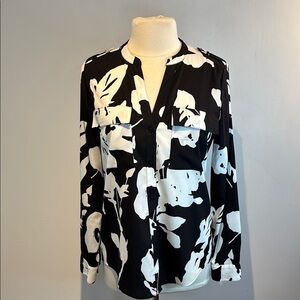 Calvin Klein black/white bold floral long sleeved blouse size medium
